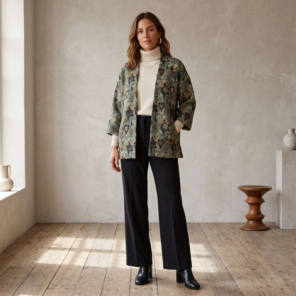 Zara Basic Tapestry Jacket Medium Green Teal Jacquard Open Front Boho Kimono